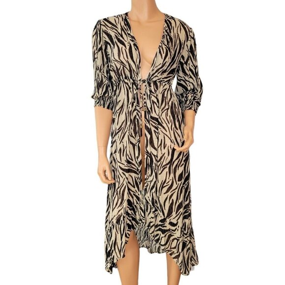 Womens Zebra Print Duster Size Small Tassle Tie‎ Beaded Animal Print Beac… - Picture 1 of 10